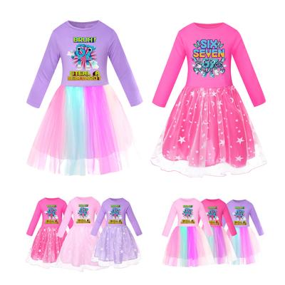 5194 Kids Girls Steal a Brainrot 67 Six Seven Print Mesh Rainbow Round Neck Casual Casual Cotton Dress