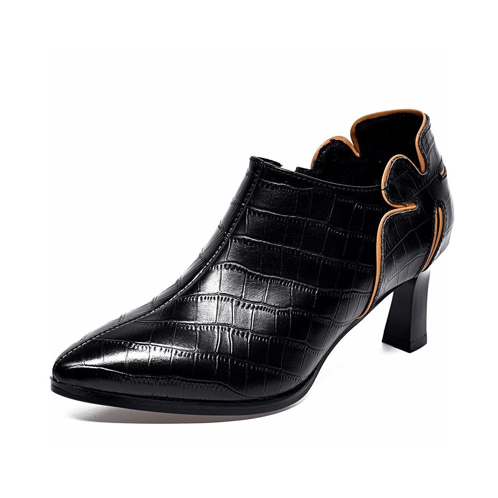 Pointed high heels women's spring new plaid cowhide flower fine heel deep mouth single shoes fashion ankle shoes