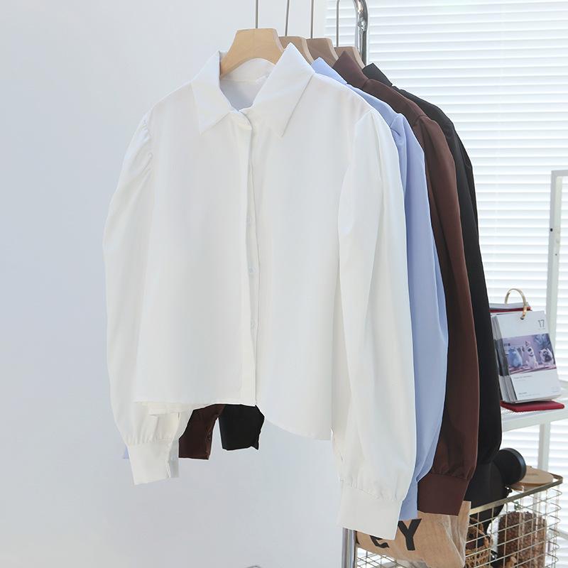 Lapel Loose Puff Sleeve Shirt Women's Button Solid Color Cardigan Casual Fashion Top