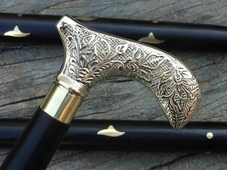 

Трость в старинном стиле в викторианском стиле, деревянная трость, винтажная твердая латунная ручка, новая серебряный