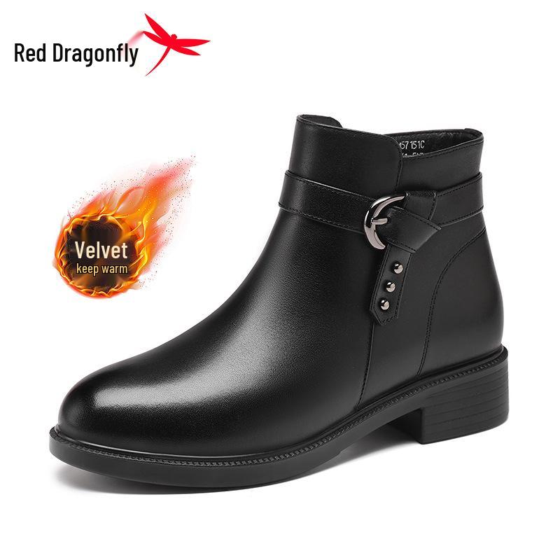 Red Dragonfly Women s Genuine Leather Mid-Calf Boots – Warm, Thickened, Plus Velvet High-Top Cotton Winter Shoes. 38
