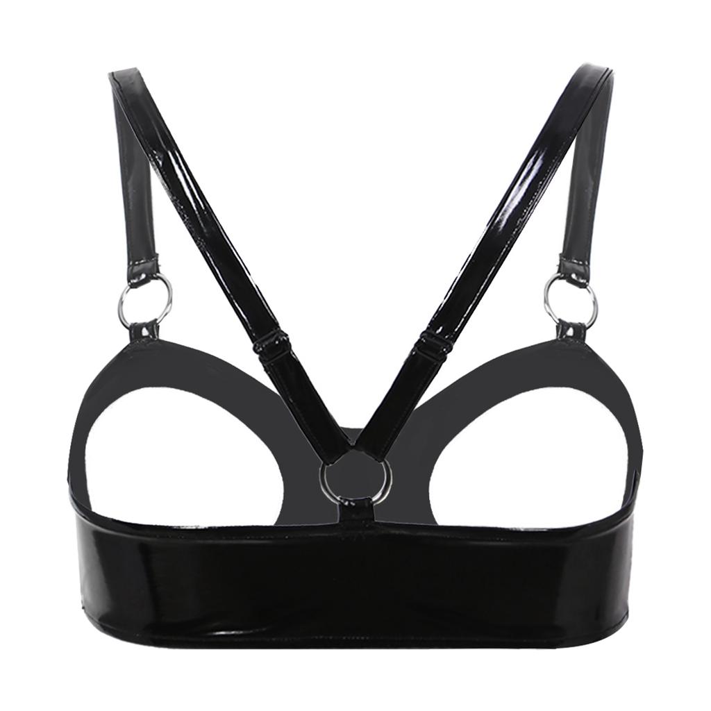 Soutien-gorge ouvert en cuir verni aspect mouillé pour femme Bretelles réglables avec anneau O Crop top Lingerie Sous-vêtements Hauts