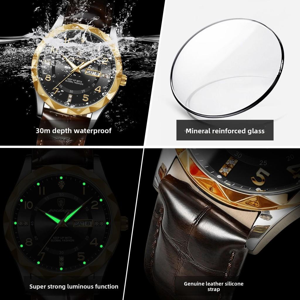 Swiss Mens Quartz Watch With Leather Strap And Luminous Dial For Casual Wear