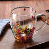 350ml Double Wall Glass Coffee Mug with Handles Clear Milk Cups Gifts Glass Cup Fill Artificial Simulation Flowers Teacup Gift