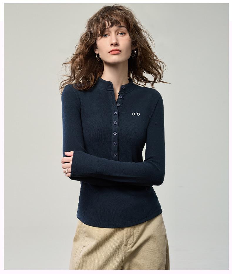 Dámské broušené tričko s knoflíkovou légou a dlouhým rukávem - Podzimní potisk 2025 Slim základní vrstva