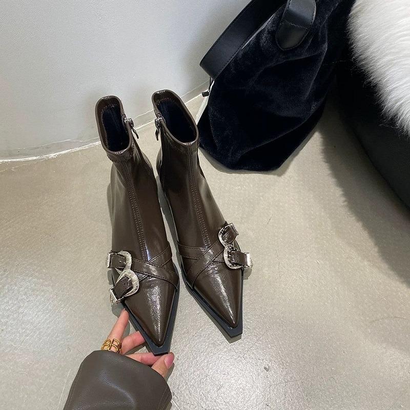 Women's Ankle Boots Short Barrel Shoes Woman Trend Black Luxury Middle Heels Pointed Toe New Rock Comfortable Stylish On Sale