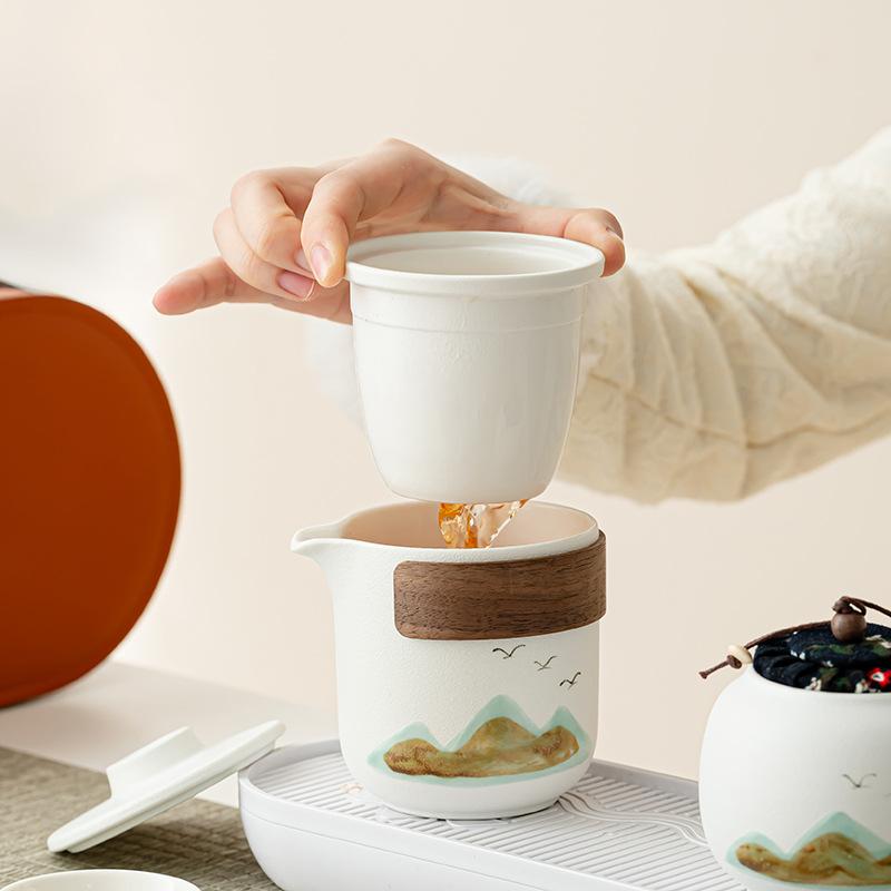 Coarse pottery Qingshan travel tea set Premium light luxury tea set gift box set Yanhe household Qingshan flying bird tea outdoor