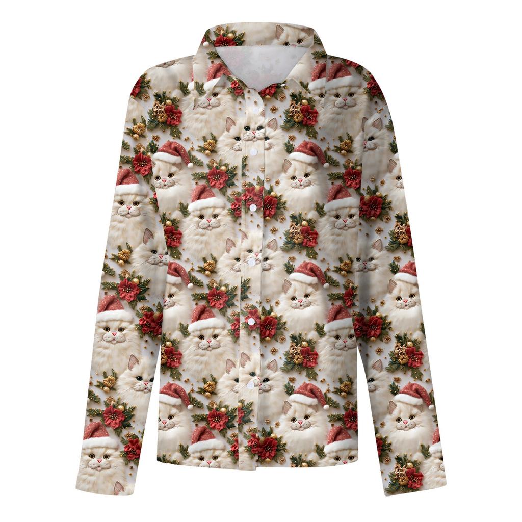Women's Shirt Blouse Christmas Print Button Long Sleeve Casual Basic Shirt Collar Regular Top