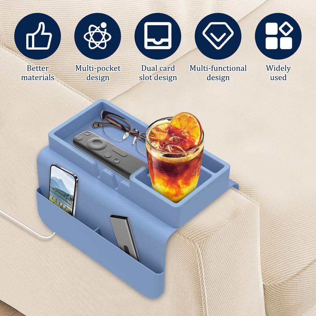 Sofa Armrest Tray Silicone Sofa Armrest Rest Shelf with Side Pocket Dual Slot Anti-Slip Sofa Cup Holder for Remote Control Snack