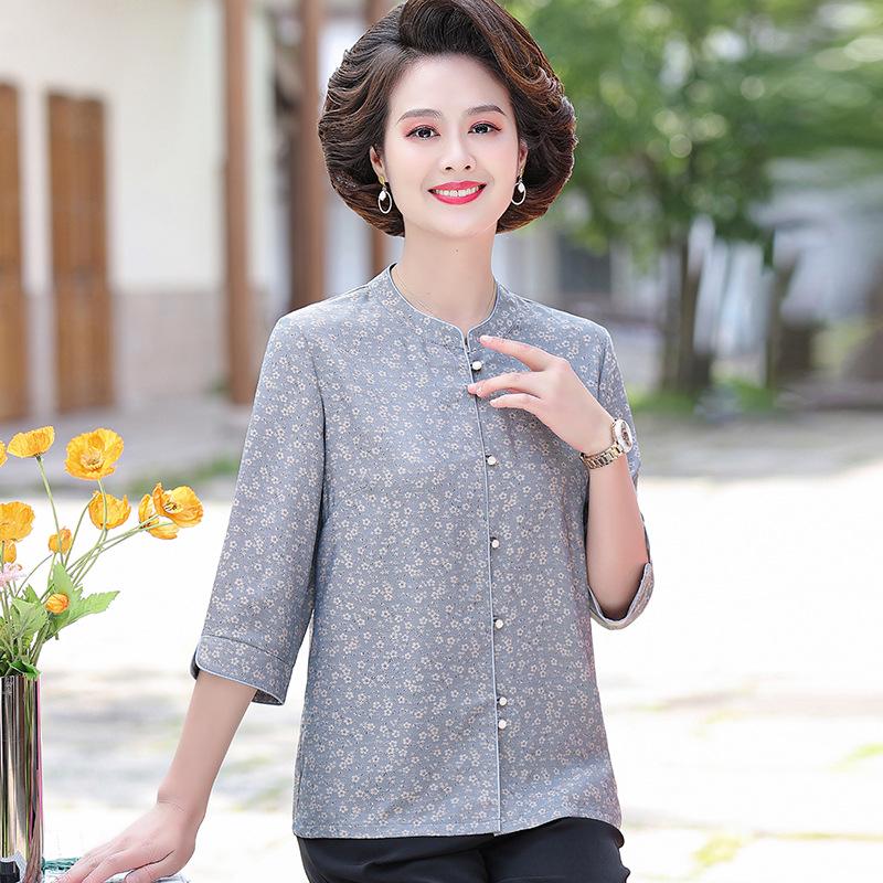 Mom's Summer Silk Seven-Sleeve Shirt - Floral Design for Middle-Aged & Elderly Women