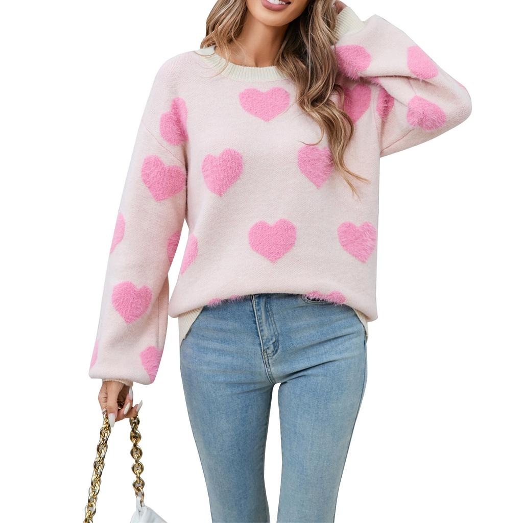 Suéter de Punto de Fondo de Moda Casual para Mujer con Cuello Redondo y Corazón