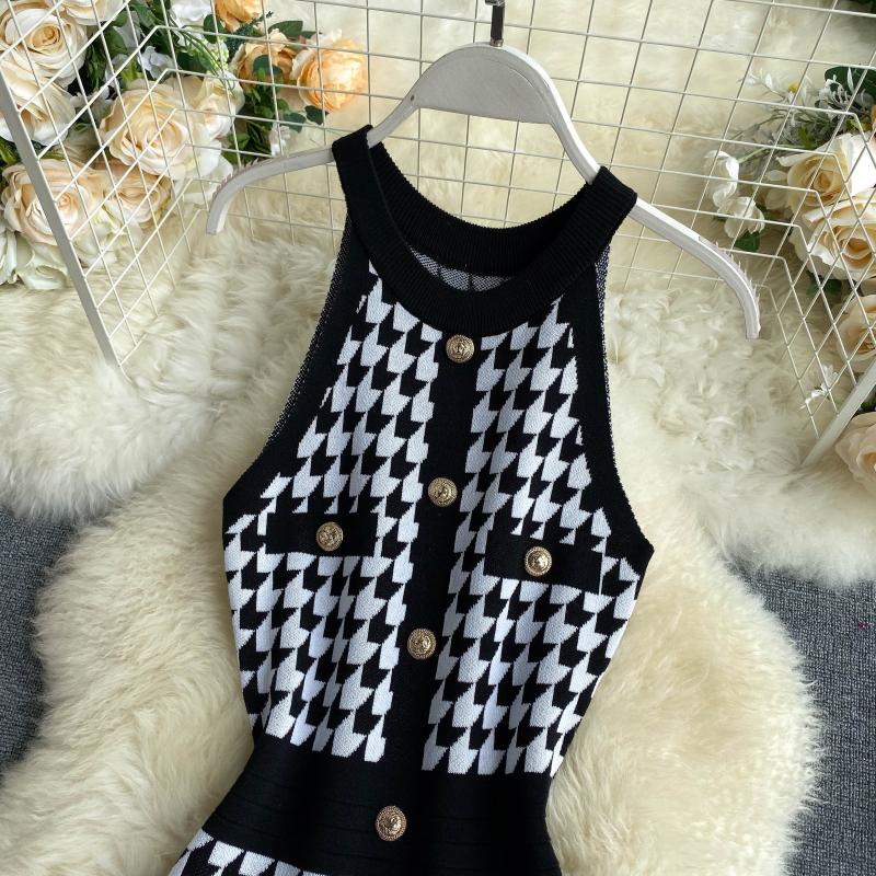 Herfst Lente Sexy Vrouwen Enkele Knop Mouwloos Gebreide Jurk Vestidos Halter Houndstooth Breisel Mini Jurk