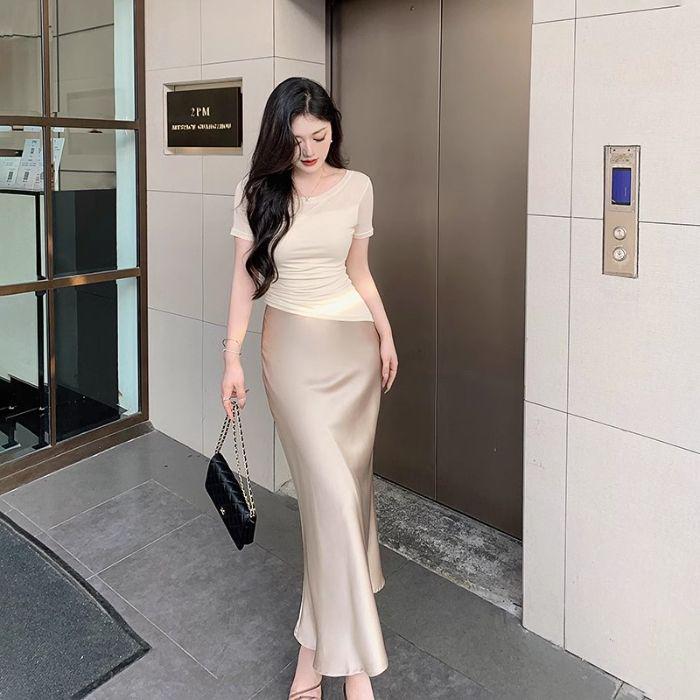 Champagne Satin Fishtail High-End Silk Skirt for Women - Summer 2025
