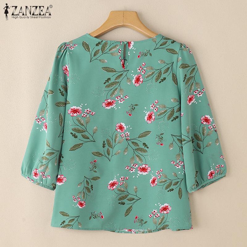 ZANZEA Damen 3/4-Ärmel Freizeit Rundhals Floral bedruckte Bluse