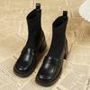 Fashion Women Ankle Boots Splicing Knitting Genuine Leather Thick Heels Shoes Woman Office Lady Working Basic Autumn Winter 2024