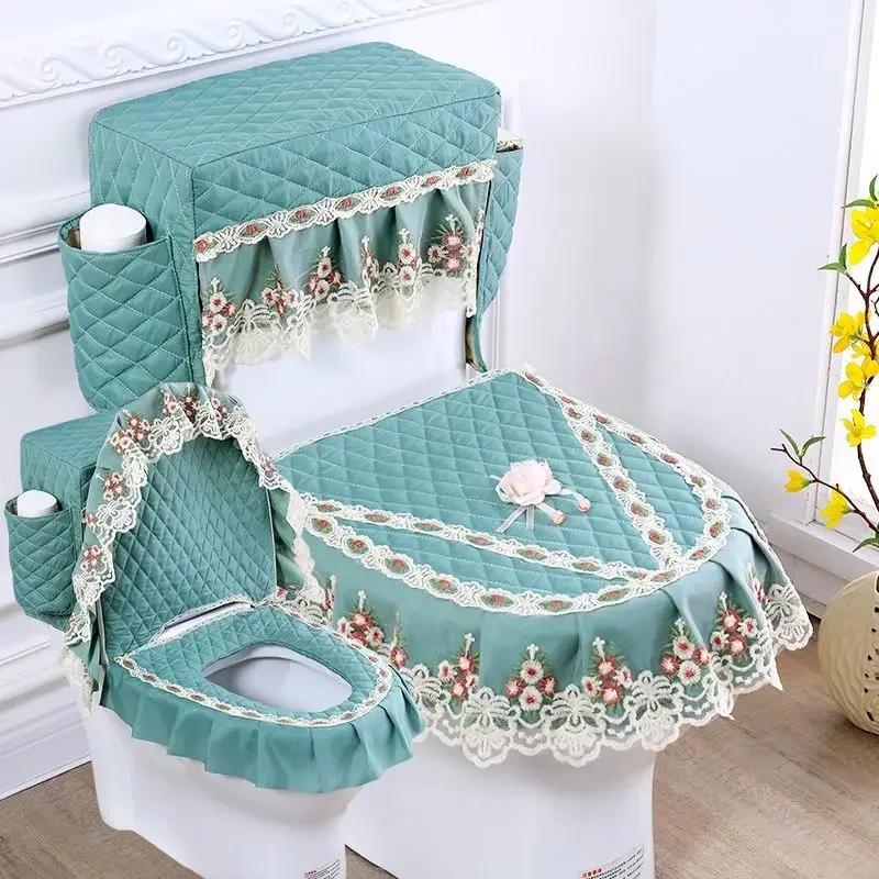 Lace 3D Embroidered Toilet Three Piece Set U-shaped Zipper Closestool Cover with Storage Bag Feather Wave Edge Dust Cushion