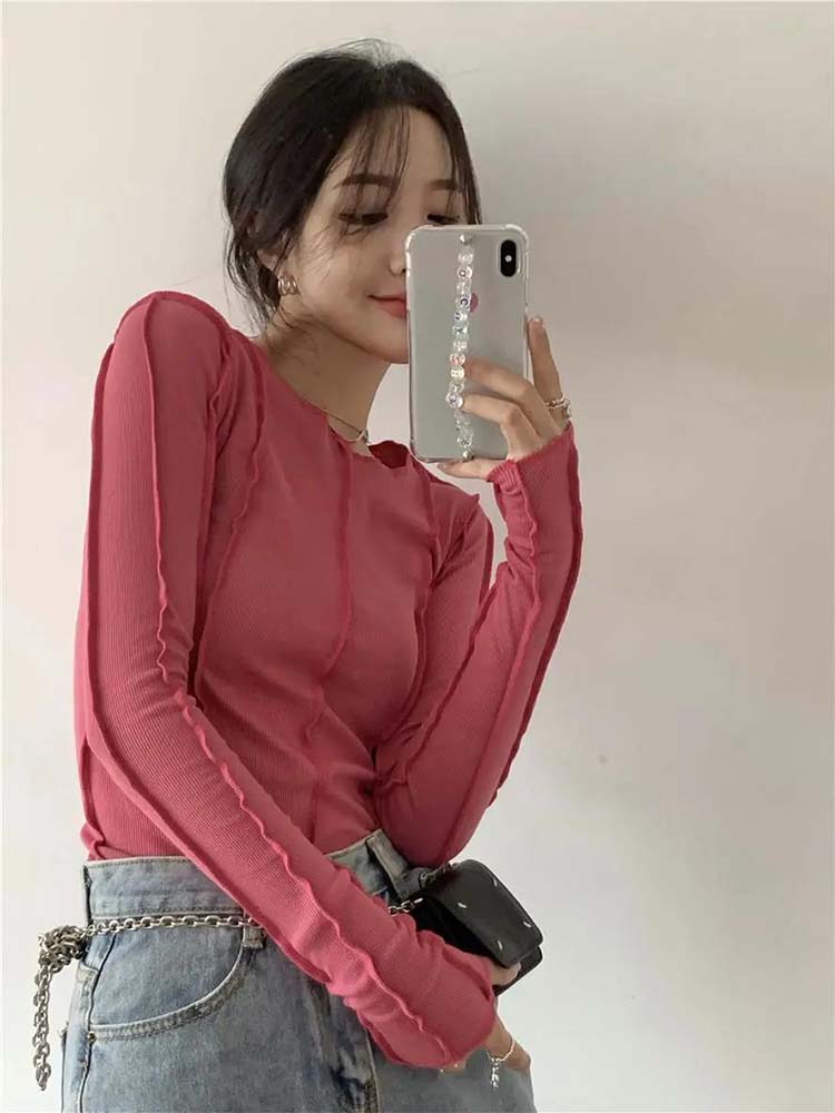 Camisetas de manga larga para mujer, camisetas de primavera lisas con cuello redondo, decoración de línea brillante elegante, camisetas informales suaves y suaves de alta calidad para mujer