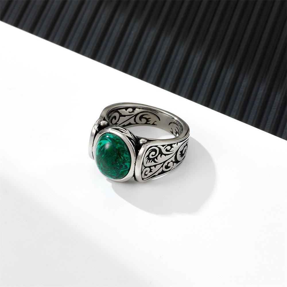 Titanium Steel Malachite Ring Men'S, Stainless Steel Personalized Retro Natural Stone Men'S Ring Ring, Jewelry
