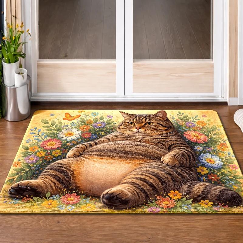 1Pcs Anti Fatigue Kitchen Rugs,  Cute Fat Tabby Print Waterproof Non-Slip Thick Cushioned Kitchen Mat Heavy Duty Comfort Standing Mat for Kitchen