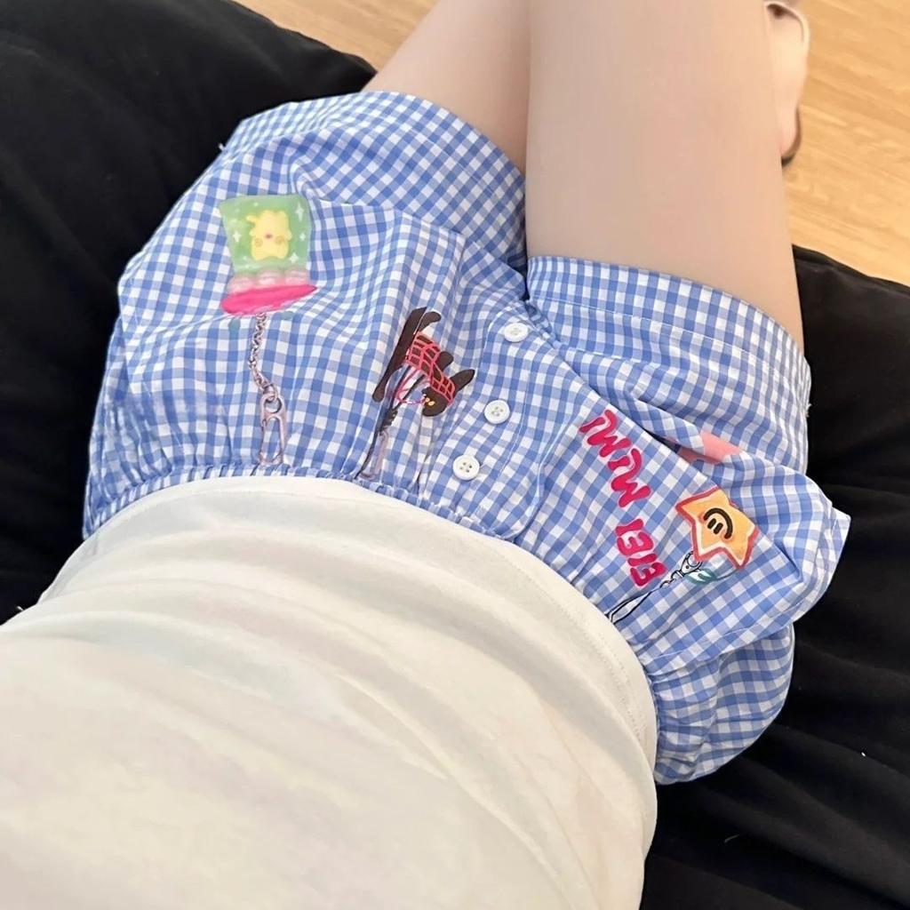 Creative Dopamine Plaid Shorts for Women In Summer New Casual Hoodies Loose Wide-leg Beach Pants