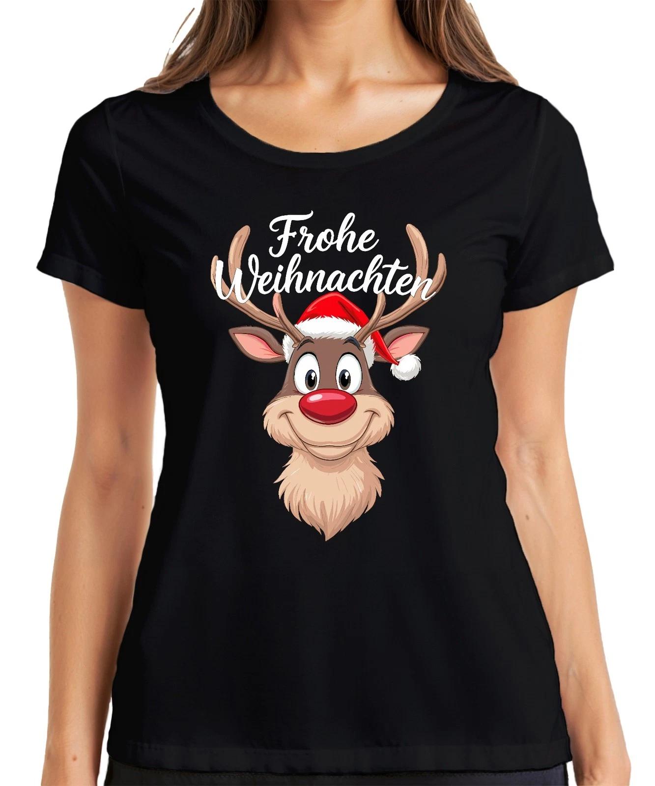 Frohe Weihnachten Rentier Rudolf Weihnachtsmütze Lustig Cartoon Damen T-Shirt XXL