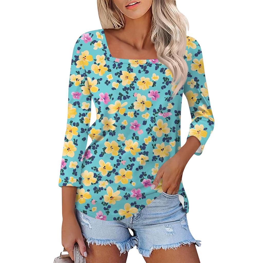 Dámské tričko s potiskem a 3/4 rukávy pro každodenní nošení i na víkend, módní základní top se čtvercovým výstřihem, běžný střih