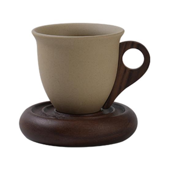 Coffee Cup with Wooden Handle Cone-Shaped Ceramic Mug 210ml Tapered Vintage Latte Mug Stable Wood Base Decorative Tea Cup
