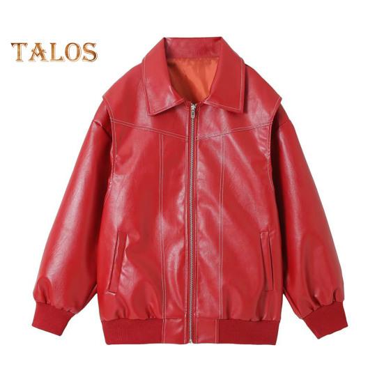 Lady Retro Coat Pure Color Turn-down Collar Zipper Closure Elastic Cuff And Hem Faux Leather Motocycle Jacket Outdoor Travel Coat