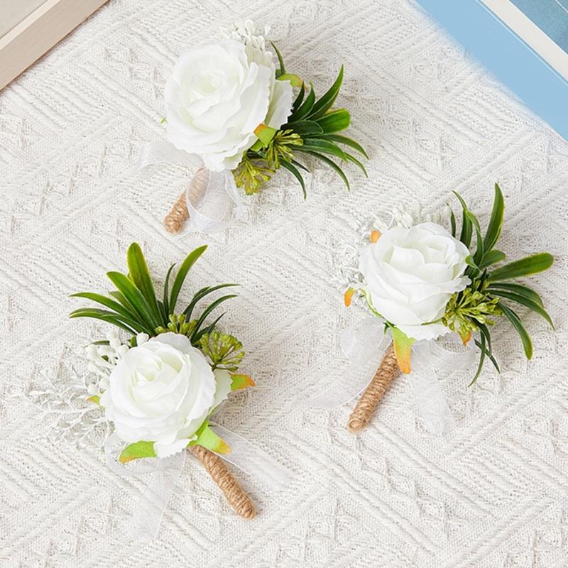 Pack of 6 White Artificial Rose Boutonniere Pin Elegant Bridals Brooch Wedding Groomsmen Accessories Suit Decoration
