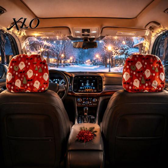 Festive Vehicle Seat Accessories 2Pcs Santa Car Headrest Covers, Christmas Printed Pillow Cases, Universal Fit Travel Decorations for Most Vehicles,
