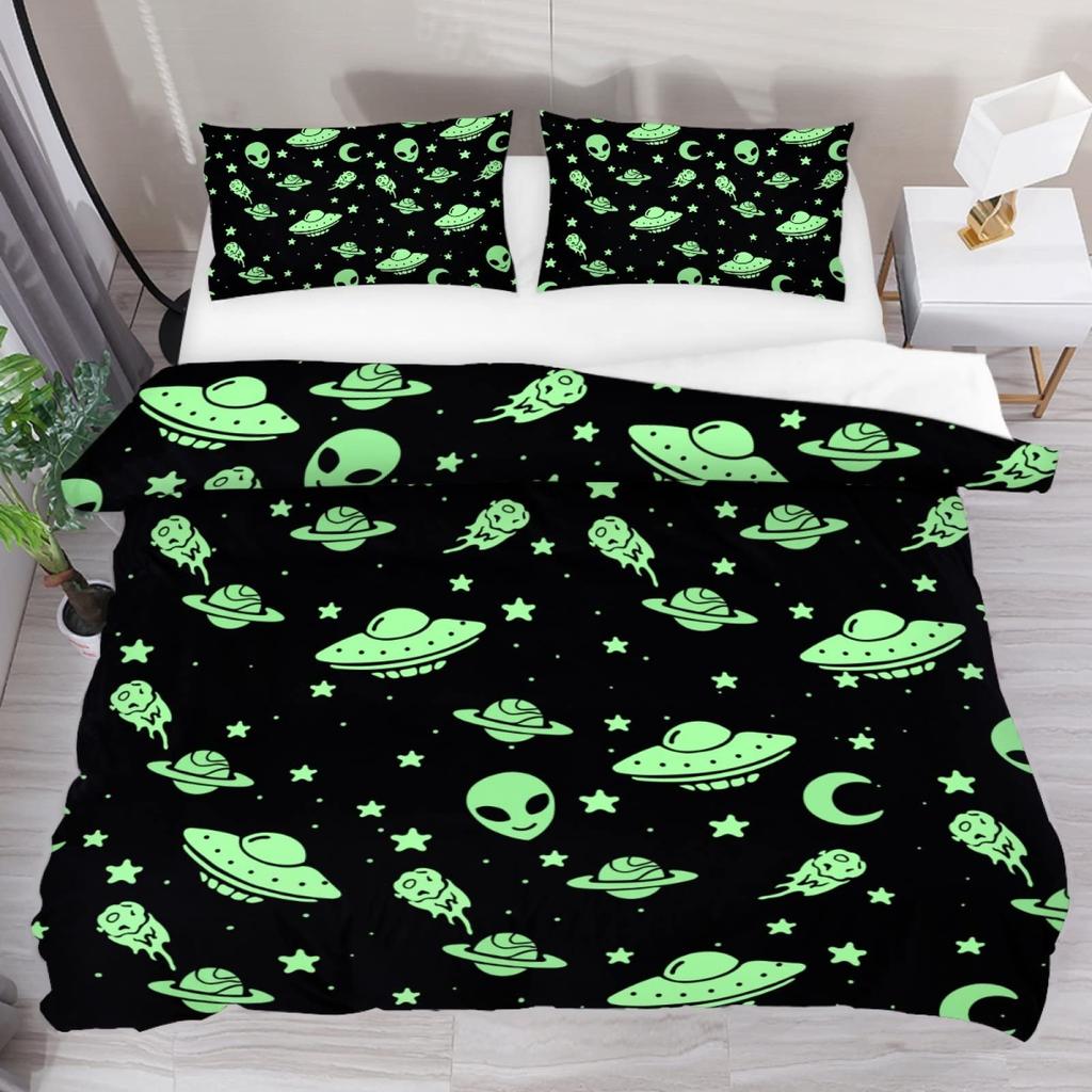 Trippy Alien Duvet Cover Set Queen Alien Skull Bedding Set Psychedelic Space Watercolor Colorful Queen Size Bedspread Alien Gift