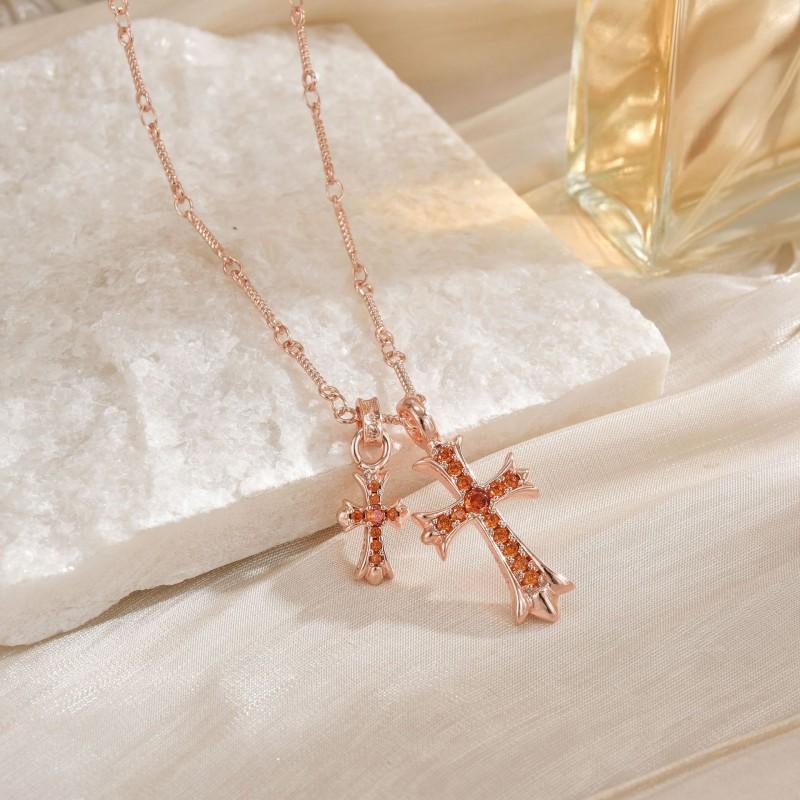 Double Cross Pendant Necklace Couples Titanium Steel Charm With Colored Cubic Zirconia Gold Rose Chain