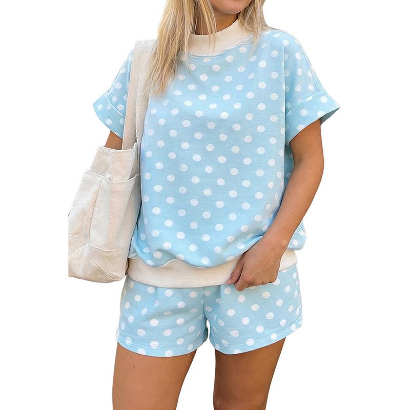 Women s Contrast Collar Two Piece Short Set Short Sleeve Polka Dot Print Loose Casual Tracksuit S