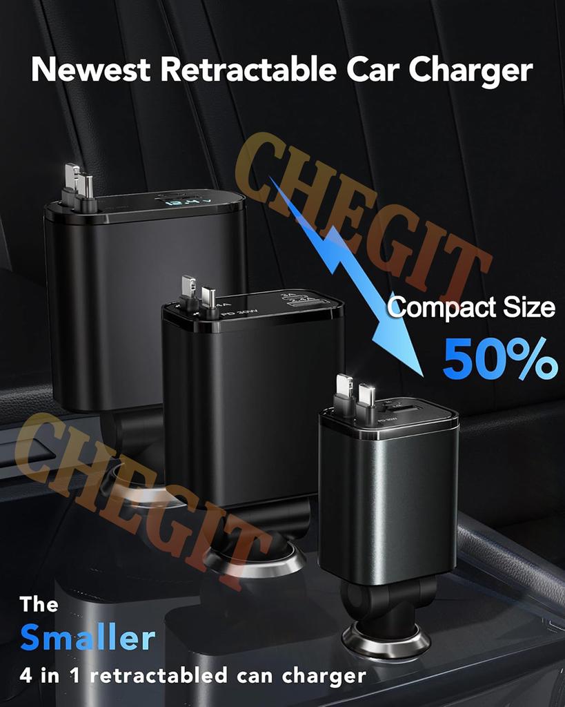 New Arrival 4 IN 1 Retractable Car Charger USB Type C Cable For IPhone Samsung Fast Charge Cord Cigarette Lighter Adapter
