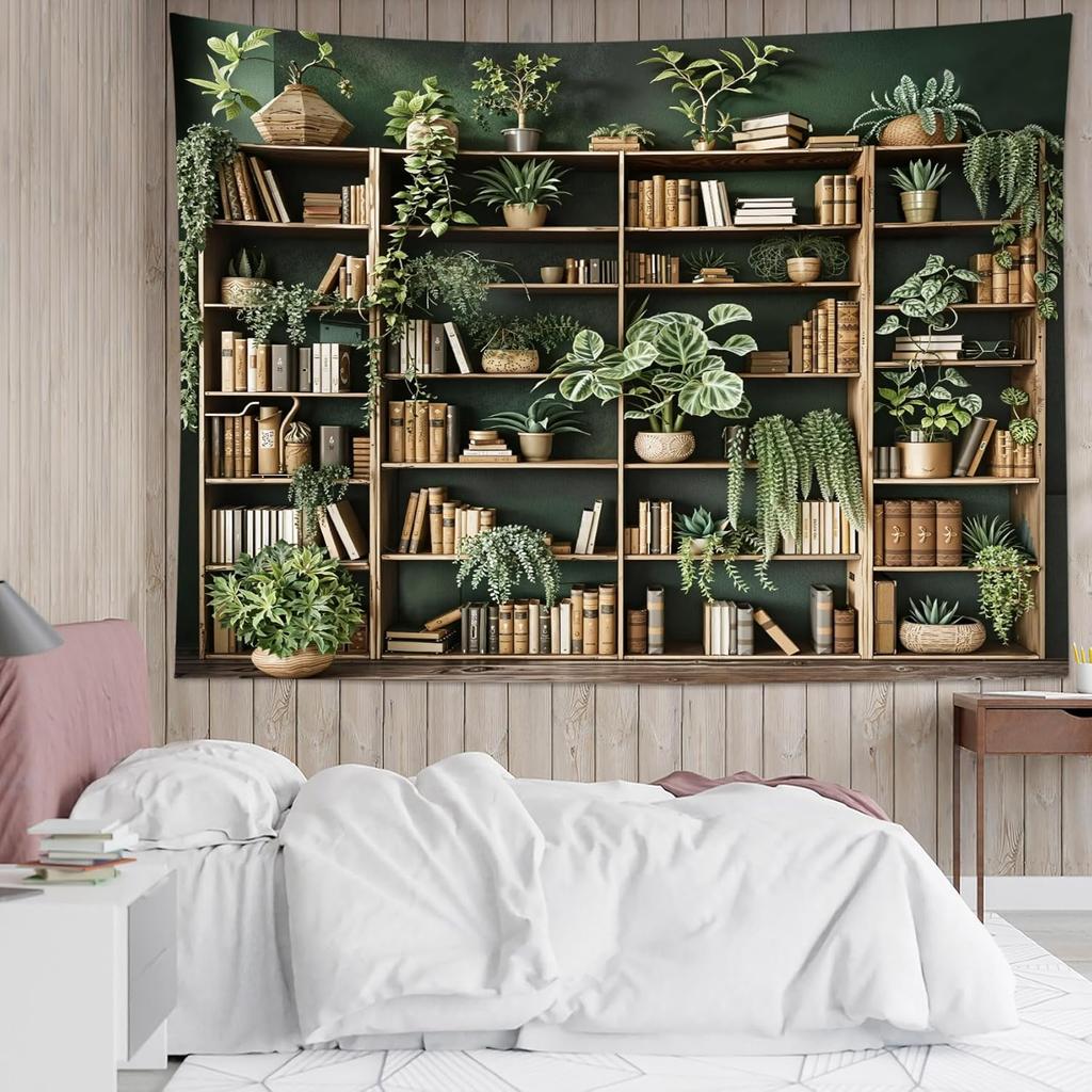 Fantasy Library Tapestry Fairytale Tree Vintage Bookshelf Tapestry for Bedroom Retro Bookshelf Book Wall Decor for Classroom