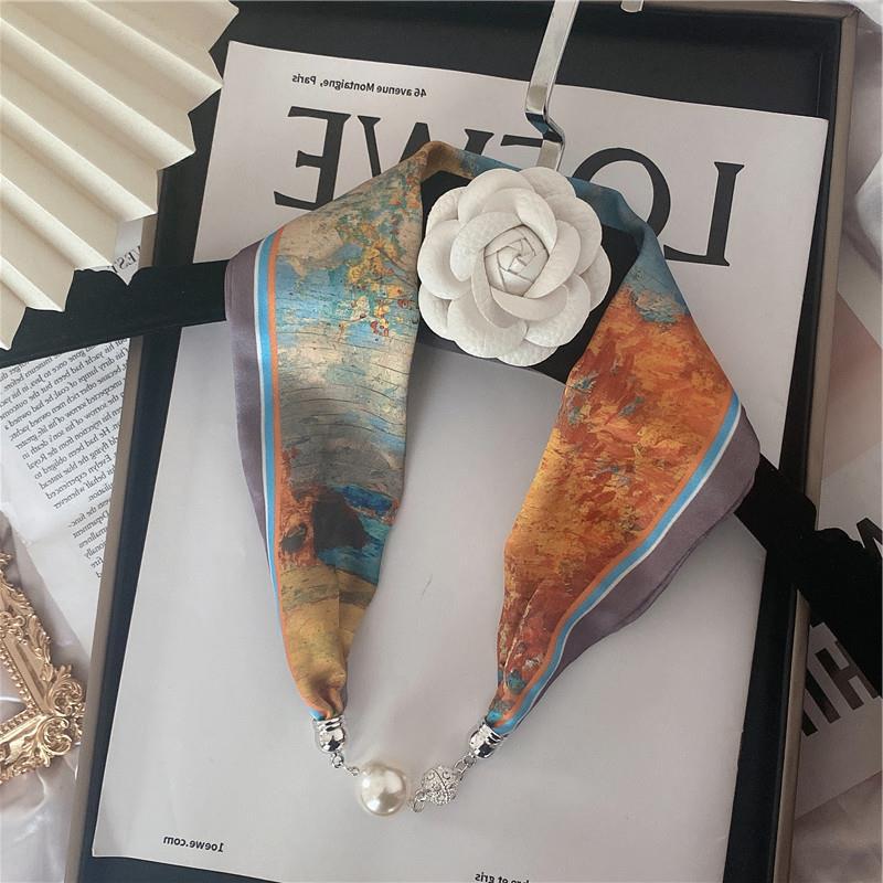 New Luxury Design Magnetic Pearls Button Silk Scarf Women Summer Neck Ornament Silk Scarves Lady Shirt Sunscreen Decoration Gift