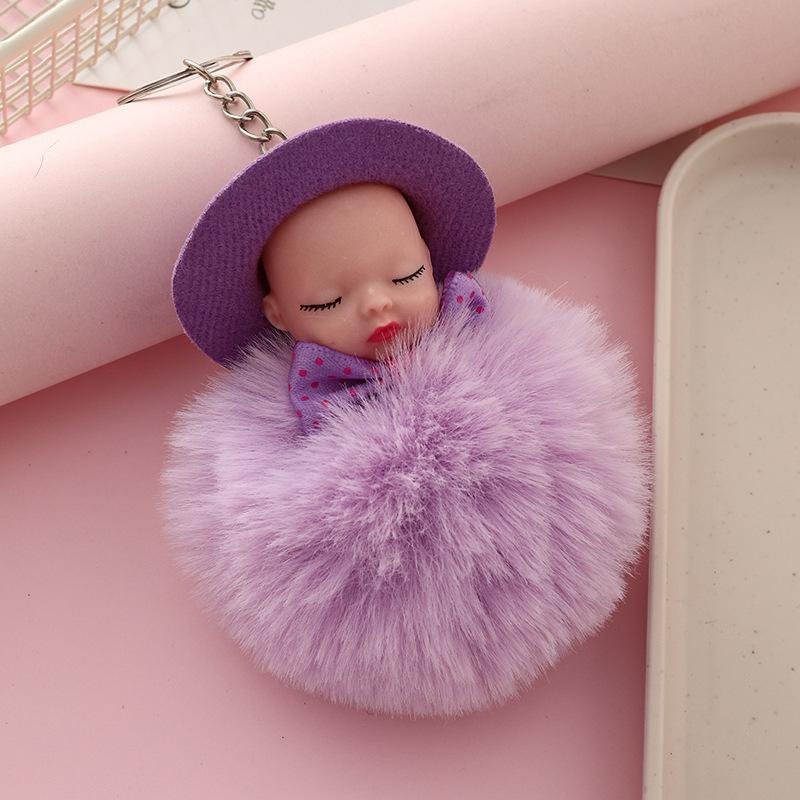 Sleeping Doll Keychain with Hat & Bow, Plush Fur Ball Ornament