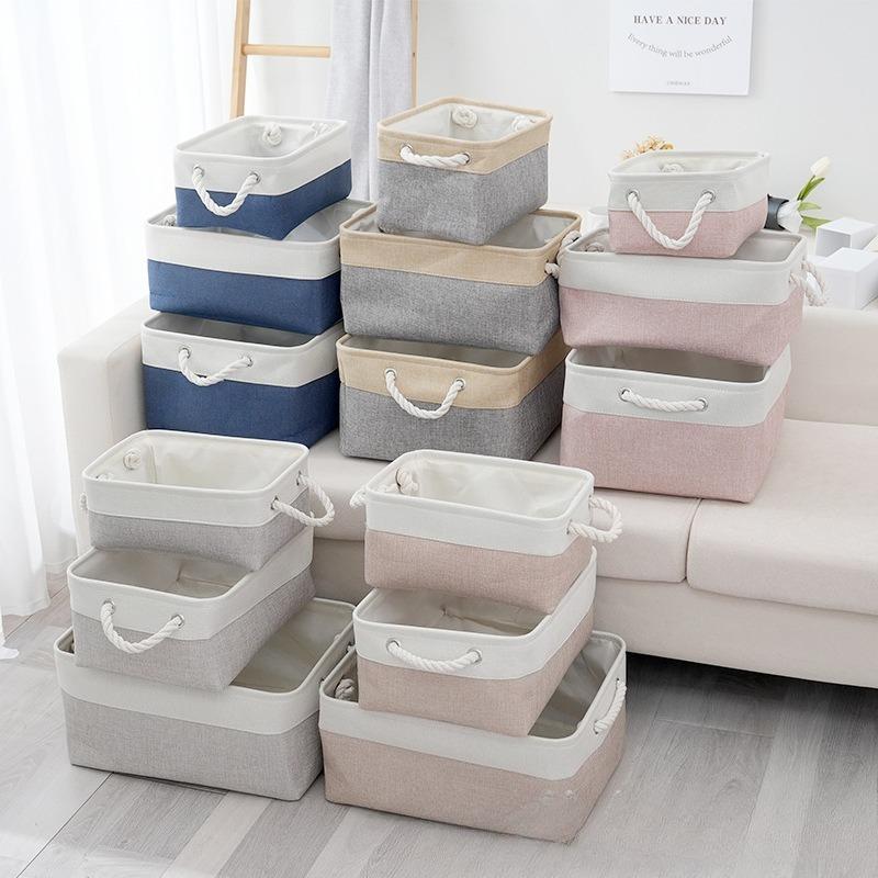 Japanese Style Storage Basket Set Linen Patchwork Home Organizer for Clutter
