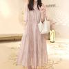 2025 Summer New Design Sense Splicing Thin Cake Skirt Retro Lady Five-quarter Sleeve Solid Color Temperament Dress