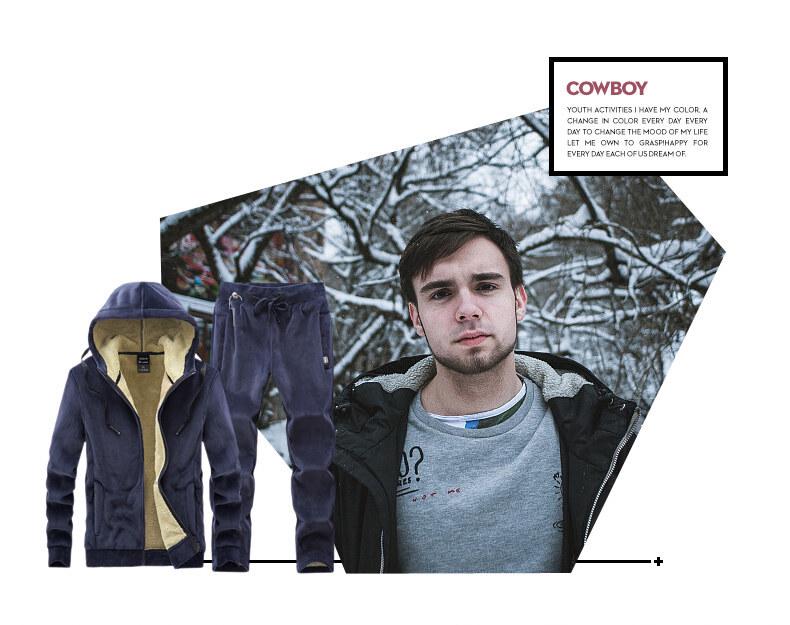 Pánská zimní bavlněná tepláková souprava z jehněčí vlny: Bunda s kapucí a kalhoty plus size