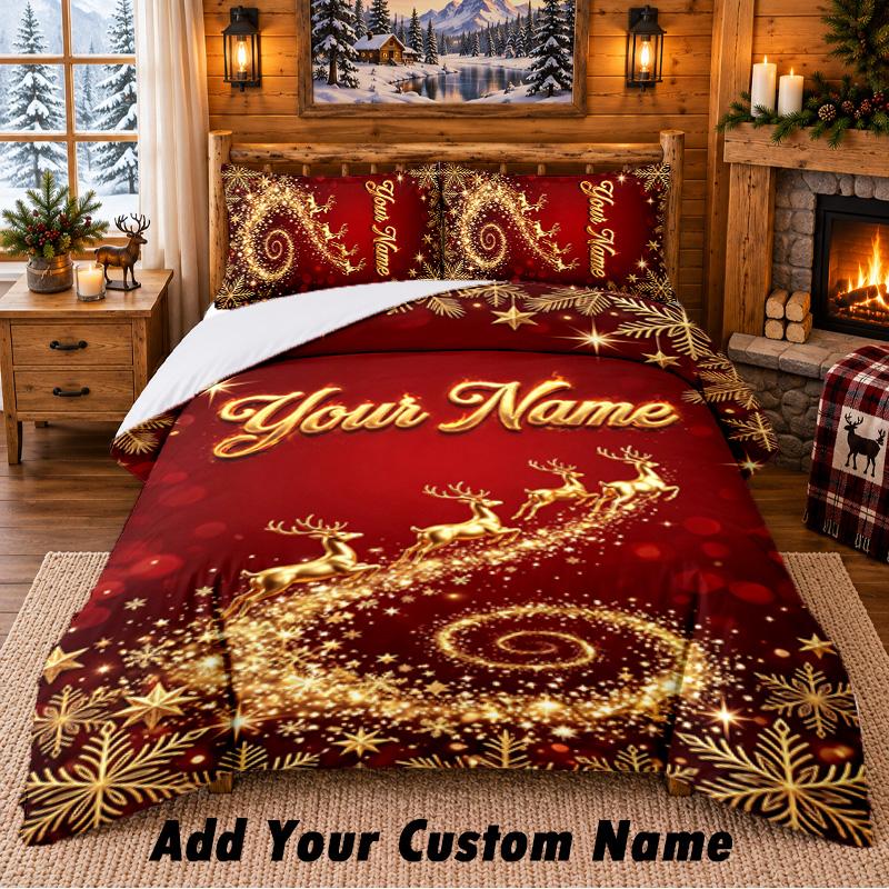 Christmas Custom Name Pattern Bedding 3Pcs Set Bed Sheet Pillowcases Indoor Bedroom Holiday Gift