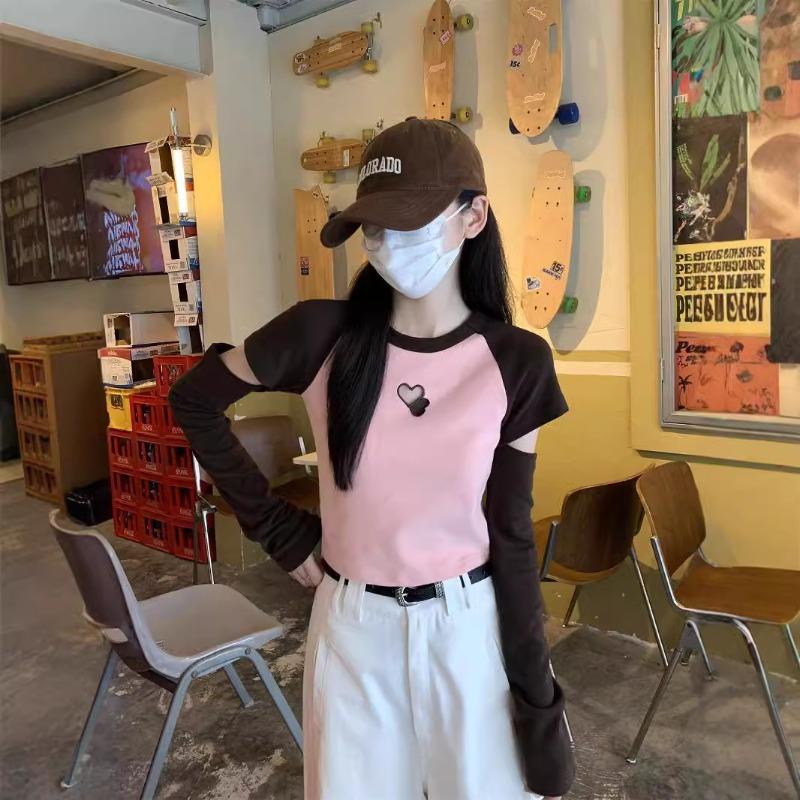 Unique sense of design, love, hollow top, spring contrasting color, broken-sleeved long-sleeved shirt, Spice Girl versatile bottoming shirt