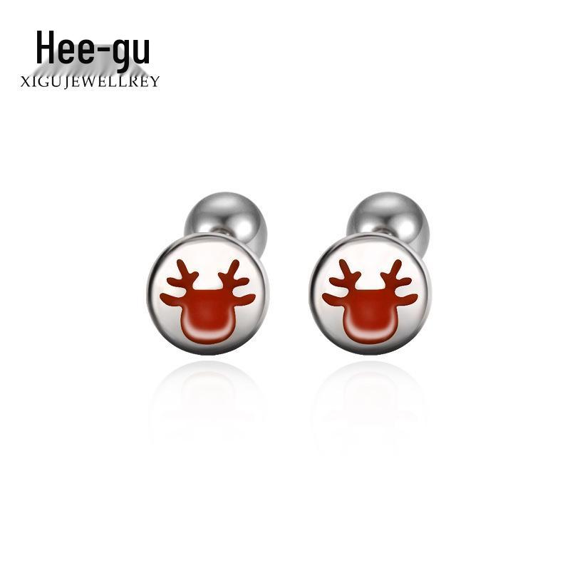 E1504 S999 Silver Elk Stud Earrings: Christmas Twist Screw Bean Design