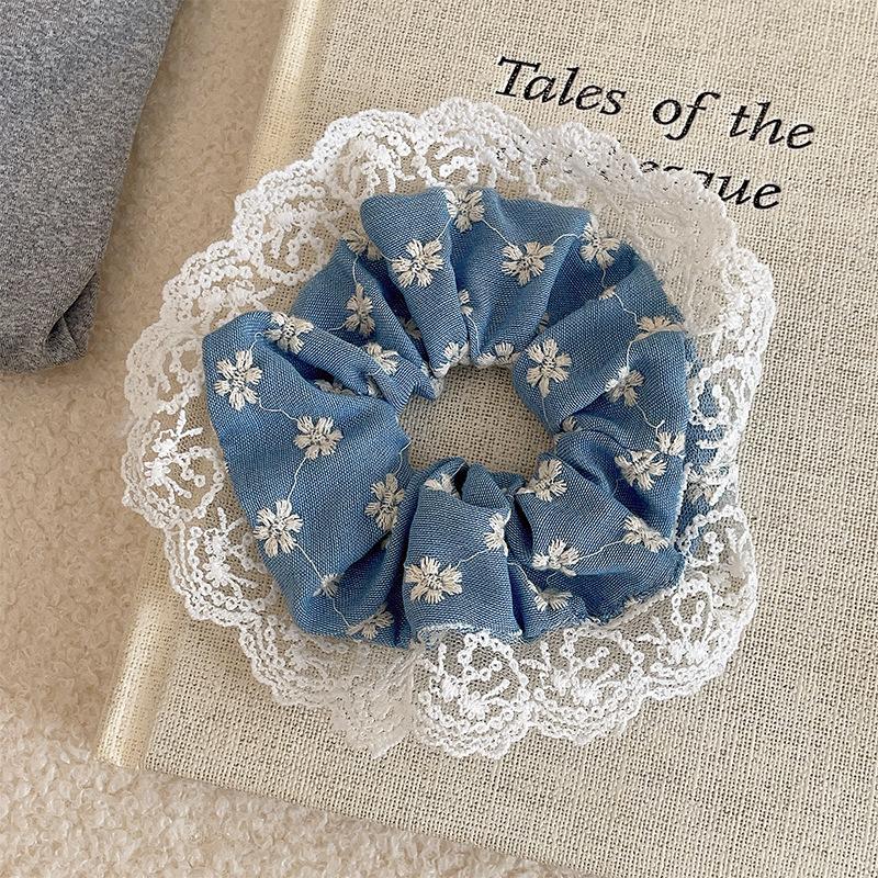 

1 шт. Новое кружевное кольцо для пучка с бантом, джинсовая повязка для волос с цветочным принтом для женщин; Головной убор высокой эластичности