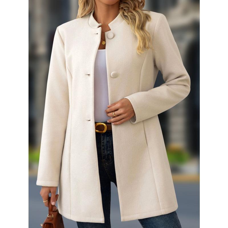 Women S Casual Stand Collar Mid Length Woolen Coat For Daily Wear