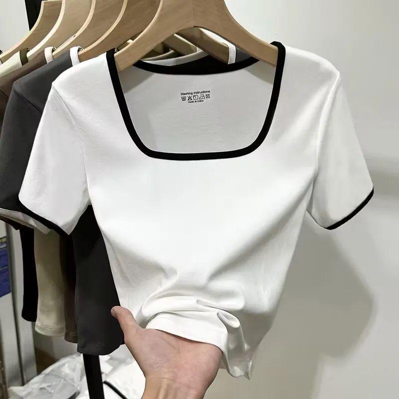 Plus Size Korean U-Neck Striped Short-Sleeve T-Shirt for Women - Versatile Summer Cropped Top L [110-125 lbs]