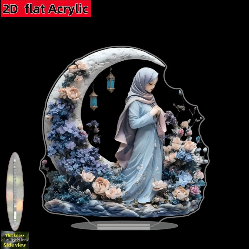 2D Flat Muslim Cultural Crescent Moon Acrylic Desktop Decoration, Floral Patterns Design, Suitable for Wall Decoration, Porch, Room, Villa, Accents Ho