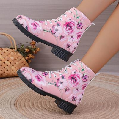 Damen Stiefel Große Größen Freizeit Knöchelhohe Stiefel Dicke Niedrige Absätze Bedruckte Damen Lederstiefel Damen Schnürstiefel