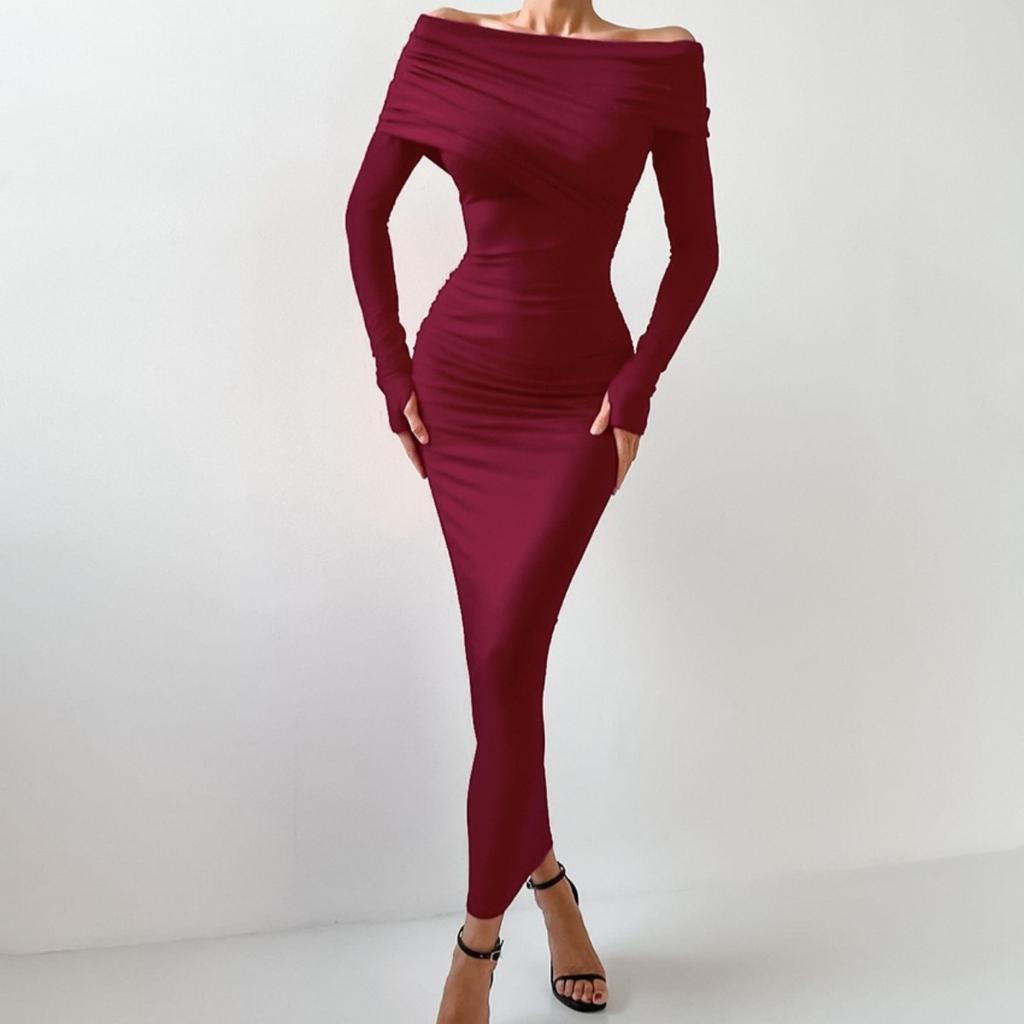LYRIA Elegant Fashion Sexy Maxi Dresses Streetwear Off Shoulder Casual  Long Sleeve Slim Bodycon Party Vestidos Robes Female