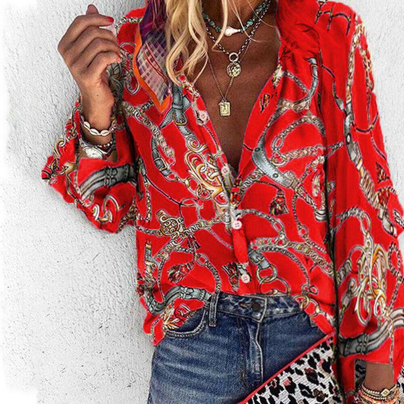 

Осенняя цепочка Женский принт Длинный рукав Ol Рубашка Женская Повседневная Пуговицы Топ Блузка XL красный